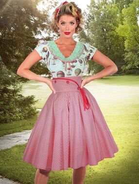 Kitten D'Amour Up, Up And Away Red Striped High-Waist Circle Skirt SZ AU 16 NWT